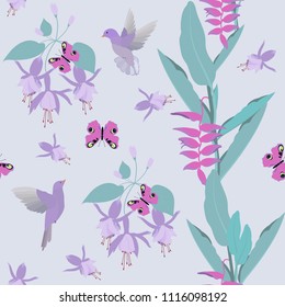 A seamless pattern with tropical flowers of fuchsia, heliconia, butterflies and birds in pastel colors. For decoration of textiles, packaging and web design. Vector illustration.