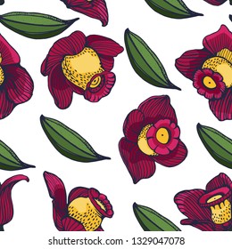 seamless pattern, tropical flowers, hand drawing, vector illustration