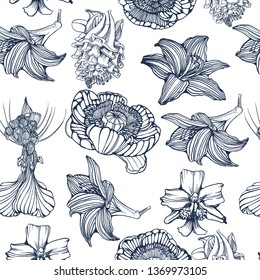 seamless pattern ,tropical flowers, hand drawing ,vector