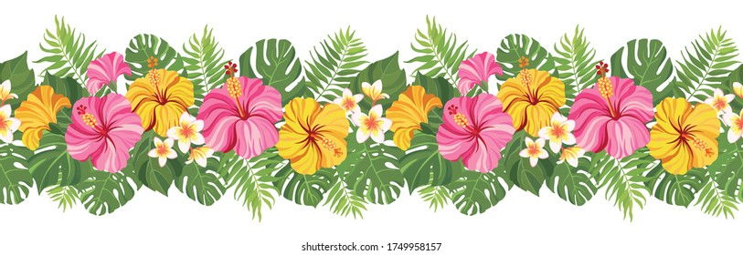 Seamless pattern with tropical flowers hibiscus, plumeria and palm leaves. Vector illustration.