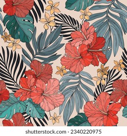 Seamless pattern with tropical flowers. Hibiscus, palm. Vector illustration.