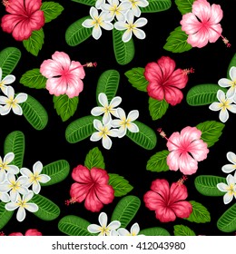 Seamless pattern with tropical flowers hibiscus and plumeria. Background made without clipping mask. Easy to use for backdrop, textile, wrapping paper.