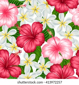Seamless pattern with tropical flowers hibiscus and plumeria. Background made without clipping mask. Easy to use for backdrop, textile, wrapping paper.