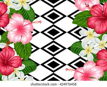 Seamless pattern with tropical flowers hibiscus and plumeria. Background made without clipping mask. Easy to use for backdrop, textile, wrapping paper.