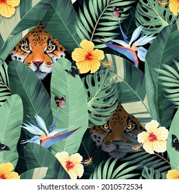 Seamless pattern with tropical flowers and jaguar