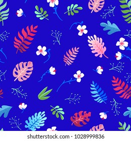 Seamless pattern. Tropical flowers and leaves on a blue background. Exotic plants. Great for printing on paper and fabric.