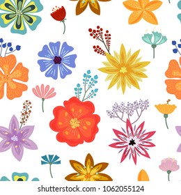 Seamless pattern with tropical flowers and leaves doodle style, design for postcard and invitation. Vector