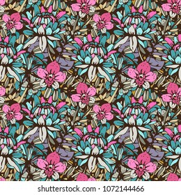 Seamless pattern with tropical flowers, leaves. Floral print. Background texture. Wallpaper