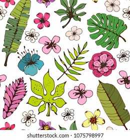 Seamless pattern with tropical flowers, leaves. Floral background texture. Summer print. Fabric design