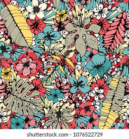 Seamless pattern with tropical flowers, leaves. Floral background texture. Summer print. Fabric design