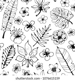 Seamless pattern with tropical flowers, leaves. Floral background texture. Summer print. Fabric design