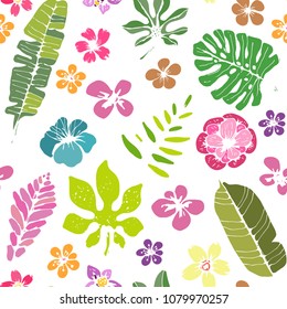 Seamless pattern with tropical flowers, leaves. Floral background texture. Summer print. Fabric design