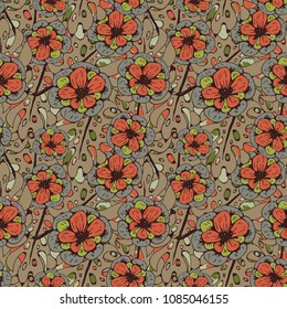 Seamless pattern with tropical flowers, leaves. Floral background. Fabric design