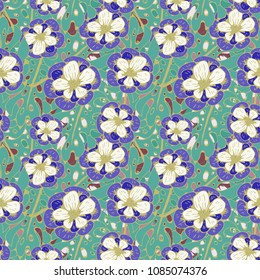 Seamless pattern with tropical flowers, leaves. Floral background. Fabric design