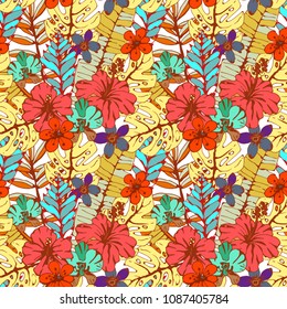 Seamless pattern with tropical flowers, leaves. Floral background. Summer print. Fabric design