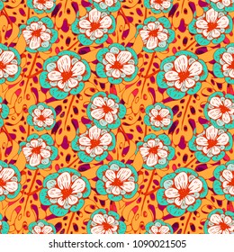 Seamless pattern with tropical flowers, leaves. Floral background. Fabric design