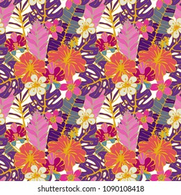 Seamless pattern with tropical flowers, leaves. Floral background. Summer print. Fabric design