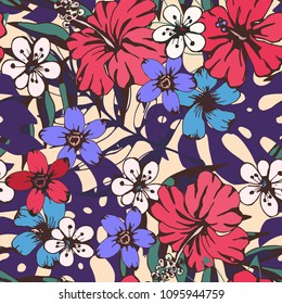 Seamless pattern with tropical flowers, leaves. Floral background texture. Fabric design