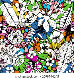 Seamless pattern with tropical flowers, leaves. Floral background texture. Summer print. Fabric design