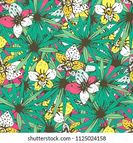 Seamless pattern with tropical flowers, leaves. Floral background texture. Summer print. Fabric design