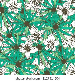 Seamless pattern with tropical flowers, leaves. Floral background texture. Summer print. Fabric design