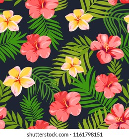 seamless pattern with tropical flowers and leaves