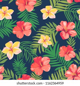 seamless pattern with tropical flowers and leaves 