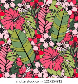 Seamless pattern with tropical flowers, leaves. Floral background texture. Summer print. Fabric design