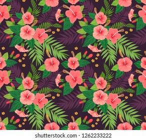 Seamless pattern with tropical flowers and leaves. Hibiscus flowers. Bright jungle pattern with palm leaves and exotic plants. Elegant template with Hawaiian motifs on a dark violet background.