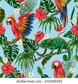 Seamless pattern with tropical flowers, leaves and parrots. Vector