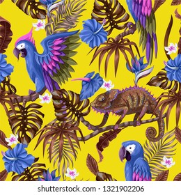 Seamless pattern with tropical flowers, leaves and parrots. Vector