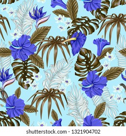 Seamless pattern with Tropical flowers and leaves such as banana, palm, monstera leaf and narcissus, hibiscus, plumeria
