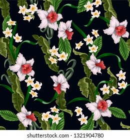 Seamless pattern with Tropical flowers and leaves such as banana, palm,  leaf and narcissus,  plumeria