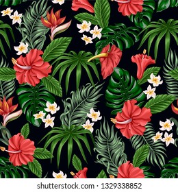 Seamless pattern with Tropical flowers and leaves such as banana, palm, monstera leaf and narcissus, hibiscus, plumeria