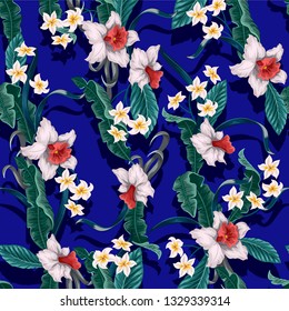 Seamless pattern with Tropical flowers and leaves such as banana, palm,  leaf and narcissus,  plumeria