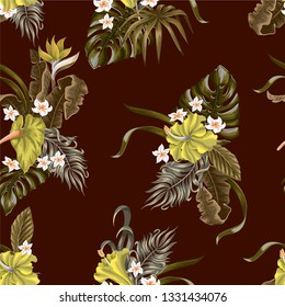 Seamless pattern with Tropical flowers and leaves such as banana, palm, monstera leaf and narcissus, hibiscus, plumeria