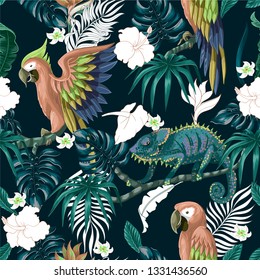 Seamless pattern with tropical flowers, leaves and parrots. Vector