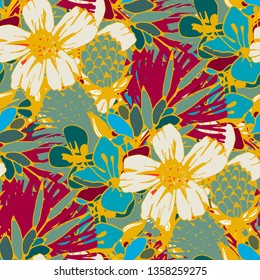 Seamless pattern with tropical flowers, leaves. Vintage floral background. Repeating summer print. Natural texture. Fabric design, wallpaper