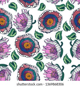 seamless pattern ,tropical flowers and leaves , hand drawing ,vector