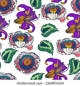 seamless pattern ,tropical flowers and leaves , hand drawing ,vector