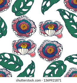 seamless pattern ,tropical flowers and leaves , hand drawing ,vector