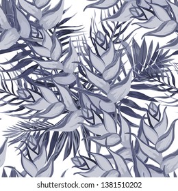 Seamless pattern with tropical flowers and leaves.