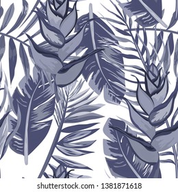 Seamless pattern with tropical flowers and leaves.