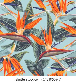 Seamless pattern with tropical flowers and leaves of Strelitzia Reginae. Realistic style, hand drawn, vector, bright colours. Background for prints, fabric, wallpapers, wrapping paper.