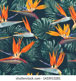 Seamless pattern with tropical flowers and leaves. Strelitzia flowers, Monstera and Palm leaves. Realistic style, hand drawn, vector. Background for prints, fabric, wallpapers, poster, wrapping paper.