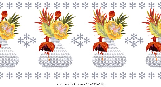 Seamless pattern with tropical flowers and leaves in  vase. Floral background for textile, cover, wallpaper, gift packaging, printing.Romantic design for calico, silk. Horizontal border