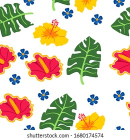 seamless pattern, tropical flowers and leaves isolated on white background vector