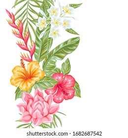 Patrón sin problemas con flores y hojas tropicales. Paisaje exótico decorativo, palmeras y plantas.