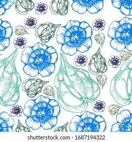 nahtloses Muster, tropische Blumen und Blätter einzeln auf weißem Hintergrund Vektorillustration