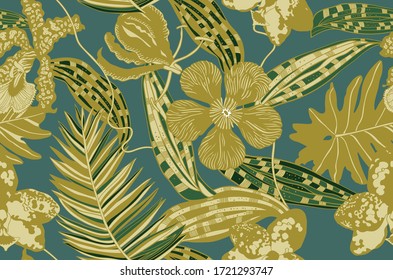Patrón sin problemas con flores y hojas tropicales. Paisaje exótico decorativo, palmeras y plantas.